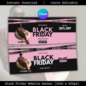 Puede incluir: Banner de sitio web del Black Friday con un diseño rosa y negro. El banner incluye el texto "Black Friday" en letras blancas grandes, con "Hasta un 30% de descuento" y un botón "Comprar ahora". También presenta a una mujer con un traje rosa sentada en una silla blanca.