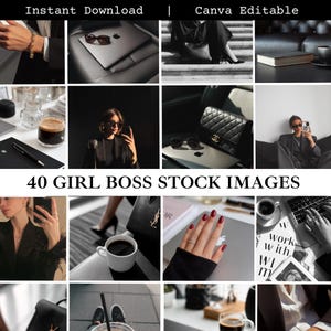Puede incluir: Una colección de 40 imágenes de archivo de Girl Boss en blanco y negro. Las imágenes presentan una variedad de elementos, incluyendo un portátil, café, gafas de sol y un bolso. Las imágenes son adecuadas para marketing digital y redes sociales.