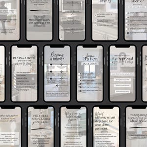 May include: A series of smartphone screens offering property advice. The screens cover topics such as buying a home, home buyer tips, and the benefits of using a real estate agent. Text and bullet points are visible.