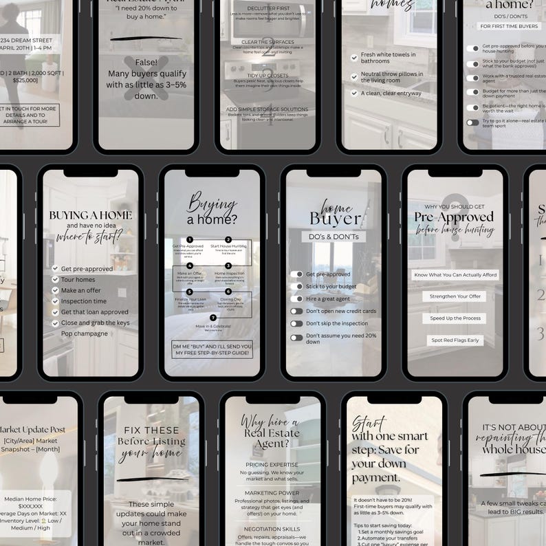 May include: A series of smartphone screens offering property advice. The screens cover topics such as buying a home, home buyer tips, and the benefits of using a real estate agent. Text and bullet points are visible.