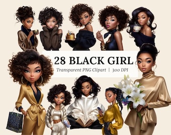 Pacote de imagens PNG de mulher negra, adesivos digitais para planner com garota negra, clipart de mulher negra poderosa, pacote de clipart de garota afro, gráficos de garota negra estilosa.