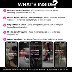 Op de afbeelding: Een promotieafbeelding met een digitaal product. De afbeelding toont vijf smartphoneschermen met Instagram Reels-sjablonen met motiverende citaten. Tekst op de afbeelding bevat "WHAT'S INSIDE?" en details over het product, zoals "150 Instagram Reels" en "Instant Download".