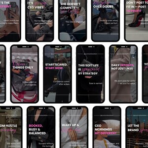 Op de afbeelding: Een verzameling smartphoneschermen met motiverende citaten in witte en roze tekst. De schermen tonen zinnen als "CEO VIBES", "START SCARED. START NOW" en "DAILY DEPOSITS, NOT JUST LIKES."