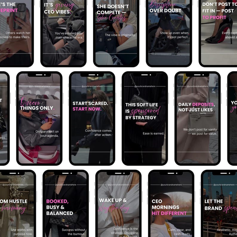 Op de afbeelding: Een verzameling smartphoneschermen met motiverende citaten in witte en roze tekst. De schermen tonen zinnen als "CEO VIBES", "START SCARED. START NOW" en "DAILY DEPOSITS, NOT JUST LIKES."