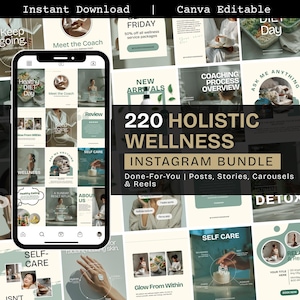 May include: A digital product bundle for Instagram, featuring 220 holistic wellness posts, stories, carousels, and reels. The design includes a smartphone mockup displaying various wellness-themed templates, with text such as "Healthy Diet Day" and "Self Care."