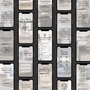 May include: A series of smartphone screens offering real estate guidance. The content covers buying, selling, and home staging, with text such as "Open House This Weekend!" and "5 Must Know Home Buying Tips."
