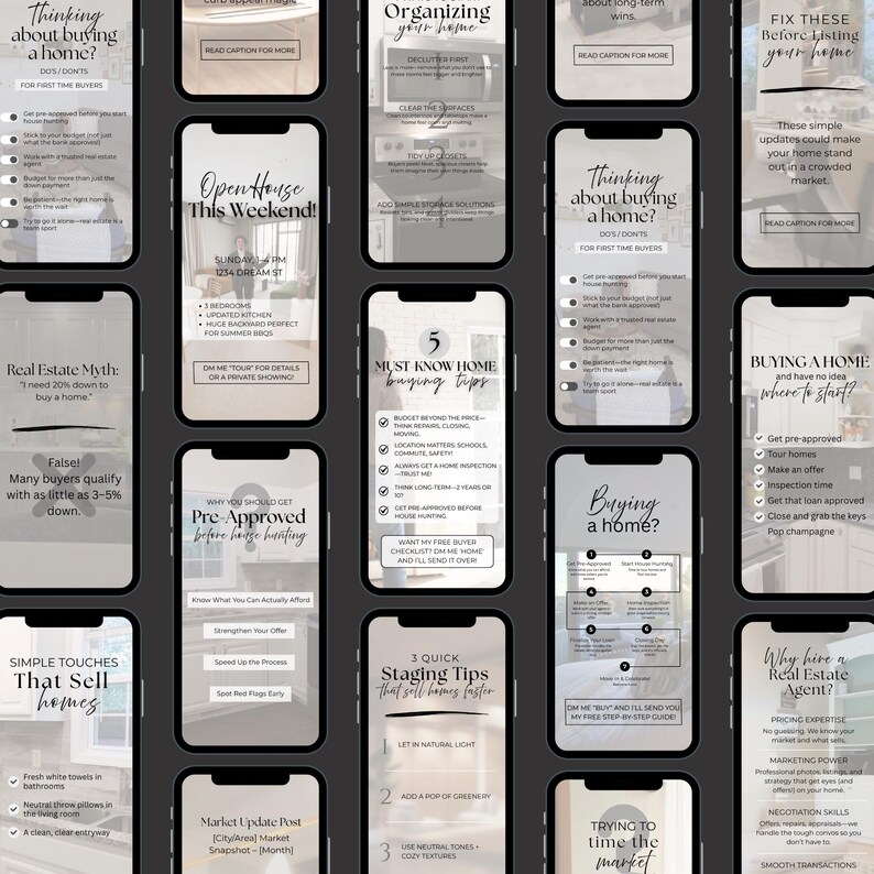 May include: A series of smartphone screens offering real estate guidance. The content covers buying, selling, and home staging, with text such as "Open House This Weekend!" and "5 Must Know Home Buying Tips."