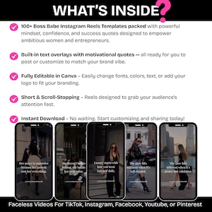 May include: Digital Instagram Reels templates for ambitious women and entrepreneurs. Includes text overlays with motivational quotes, fully editable in Canva. Reels are designed to grab attention fast. Instant download available.