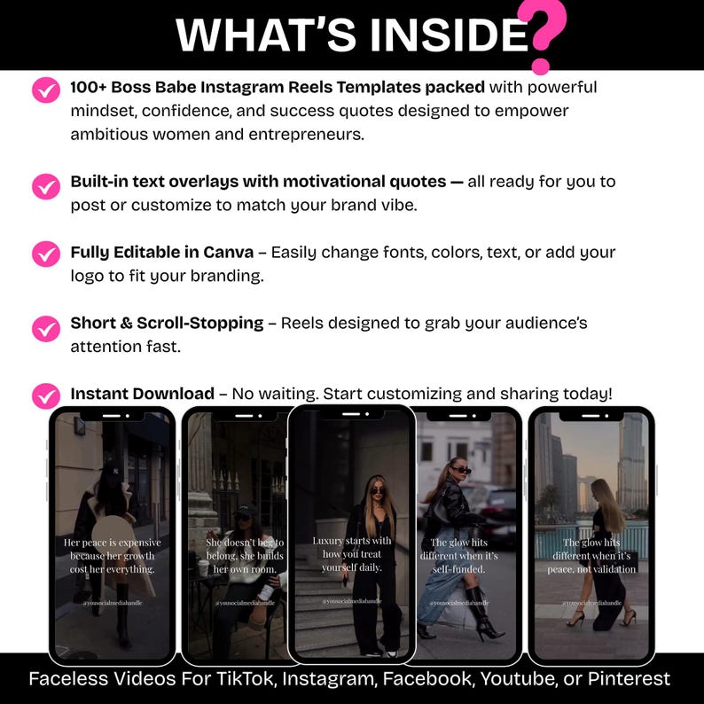 May include: Digital Instagram Reels templates for ambitious women and entrepreneurs. Includes text overlays with motivational quotes, fully editable in Canva. Reels are designed to grab attention fast. Instant download available.
