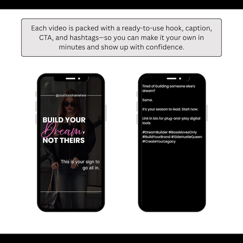 Op de afbeelding: Twee smartphones met social media content. E&eacute;n telefoon toont "BUILD YOUR Dream, NOT THEIRS" met de tekst "This is your sign to go all in." De andere toont tekst over het bouwen van je eigen droom en hashtags.