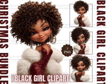 Pacote de clipart de Natal de menina negra, gráficos de menina negra, png afro-americana, png de mulher negra de natal, clipart de diário de lixo para download