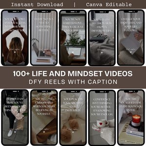 Könnte beinhalten: Ein digitales Produkt mit über 100 Lebens- und Mindset-Videos mit Bildunterschriften, zum sofortigen Download und zur Bearbeitung in Canva. Das Bild zeigt Mockups von Telefonbildschirmen mit inspirierenden Zitaten und Lifestyle-Bildern.