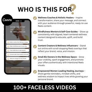 K&ouml;nnte beinhalten: Werbegrafik von Canva mit einem Smartphone, das "How to Stay Motivated in Wellness" anzeigt. Der Text hebt Vorteile f&uuml;r Wellness-Coaches und Content-Ersteller hervor. Das Bild erw&auml;hnt auch "100+ Faceless Videos".