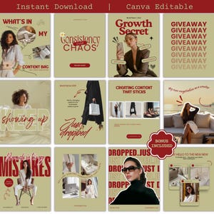 May include: A collection of Canva editable templates with a beige and red color scheme. The templates feature text like "What's in my content bag" and "Growth Secret". The image includes the text "Instant Download" and "Bonus Included".