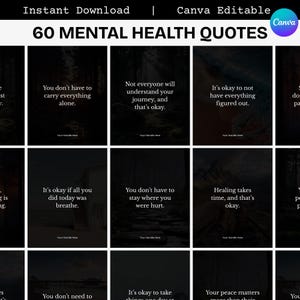 Pode incluir: Download digital com 60 citações sobre saúde mental. As citações são exibidas em um fundo escuro com texto branco. O texto "Instant Download | Canva Editable" e "60 MENTAL HEALTH QUOTES" também está presente.
