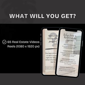 May include: Image promoting real estate services. Two smartphones display information about hiring a real estate agent, including pricing expertise, marketing power, negotiation skills, and smooth transactions. Text reads "What will you get?" and "65 Real Estate Videos Reels (1080 x 1920 px)".