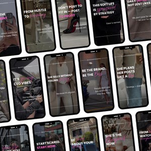 Op de afbeelding: Meerdere smartphones tonen social media-berichten met roze en witte tekst. De berichten bevatten motiverende citaten en zakelijke adviezen, met zinnen als 'Van Hustle naar Harmonie' en 'Wees het merk'.