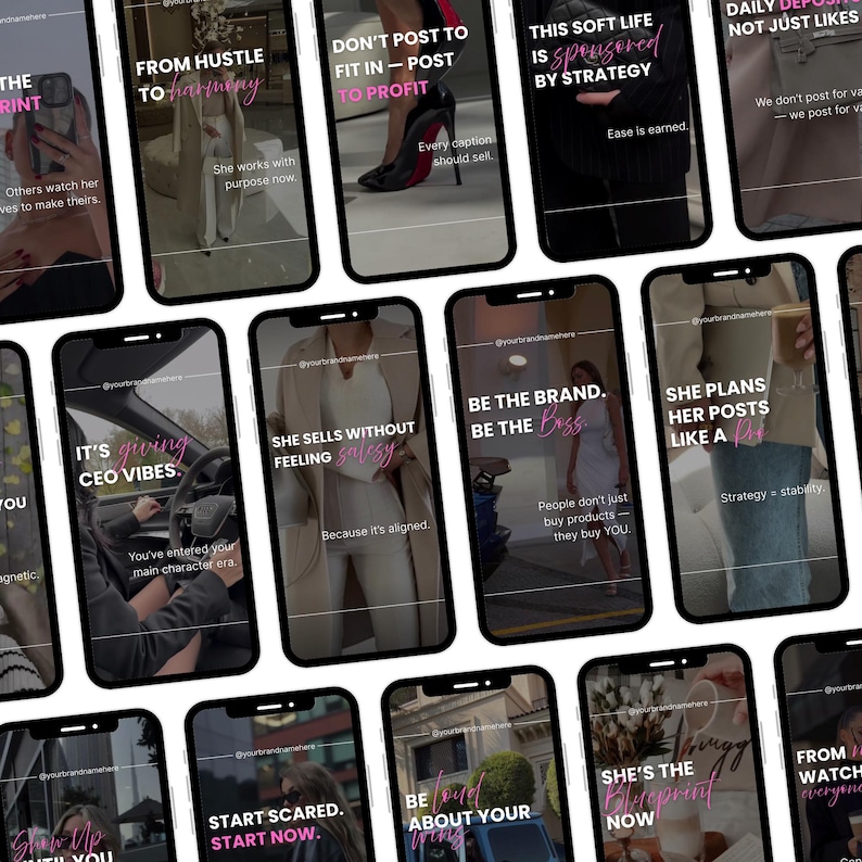 Op de afbeelding: Meerdere smartphones tonen social media-berichten met roze en witte tekst. De berichten bevatten motiverende citaten en zakelijke adviezen, met zinnen als 'Van Hustle naar Harmonie' en 'Wees het merk'.