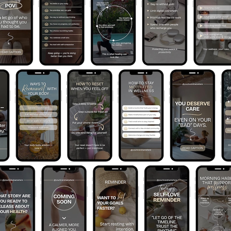 K&ouml;nnte beinhalten: Eine Sammlung von Smartphone-Bildschirmen mit Tipps zu Wellness und Selbstpflege. Die Bildschirme zeigen Texte wie &bdquo;Wege, sich wieder mit Ihrem K&ouml;rper zu verbinden&ldquo;, &bdquo;Wie man sich zur&uuml;cksetzt&ldquo; und &bdquo;Sie verdienen Pflege&ldquo;. Das Farbschema ist neutral.