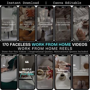 Könnte beinhalten: Ein digitales Produkt mit 10 Smartphone-Mockups mit inspirierenden Zitaten und motivierendem Text. Der Text enthält Sätze wie "Ihr Laptop ist Ihr Geldmacher" und "Arbeiten Sie mit Herz von zu Hause aus". Das Produkt ist mit "170 Faceless Work From Home Videos" gekennzeichnet.