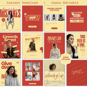 May include: A collection of Canva editable templates with a red and yellow color scheme. The templates feature text like "Marketing Mistakes", "Consistency Over Chaos", and "Creating Content That Sticks". The image includes the text "Instant Download" and "Canva Editable".