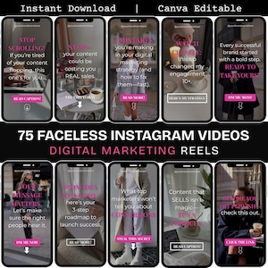 Faceless Instagram Reels Videos with Captions, Done-For-You Instagram Reels Digital Marketing Video Editable Reels Canva Template, DFY Reels