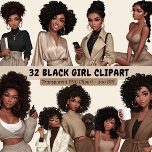 Black Girl Boss Clipart Digital Daily Routine Neutral Planner Sticker African American Girls Clipart PNG Black Afro Lady png Stickers Notion