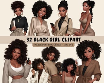 Black Girl Boss Clipart digitale dagelijkse routine neutrale planner sticker African American Girls Clipart PNG Black Afro Lady png Stickers Notion
