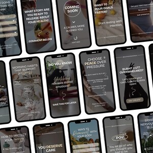 K&ouml;nnte beinhalten: Eine Sammlung von Smartphone-Bildschirmen mit Wellness- und Selbstpflege-Tipps. Die Bildschirme zeigen Texte wie "Was m&ouml;chten Sie &uuml;ber Ihre Gesundheit erz&auml;hlen?" und "Morgenroutinen, die das Wohlbefinden unterst&uuml;tzen." Die Farbgebung ist haupts&auml;chlich Schwarz, Wei&szlig; und Grau.