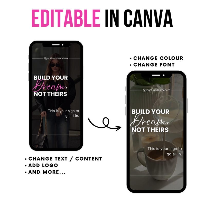 Op de afbeelding: Twee smartphone-mockups met social media-sjablonen. De tekst "EDITABLE IN CANVA" staat bovenaan. De sjablonen zeggen "BUILD YOUR Dream, NOT THEIRS" en "This is your sign to go all in." Extra tekst bevat "CHANGE COLOUR, CHANGE FONT, CHANGE TEXT / CONTENT, ADD LOGO, AND MORE..."
