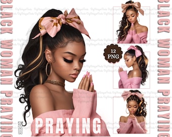 Black Girl Praying Clipart PNG, Woman of faith, Praying Black Woman Png, Afro Girl Png Bundle, Afro-Fashion Girl Clipart
