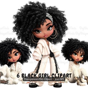 6 PNG Black Girl Clipart-bundel, Black Girl Chibi Clipart, Afro-fashion Girl Clipart, Black Girl grafische Clipart schoonheid meisjes Clipart