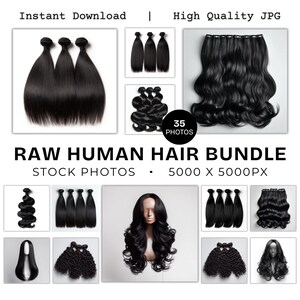 Puede incluir: Una colección de paquetes y pelucas de cabello humano negro sin procesar. La imagen incluye varios estilos de extensiones de cabello, incluyendo texturas lisas, onduladas y rizadas. El texto en la imagen dice "Descarga instantánea | JPG de alta calidad" y "RAW HUMAN HAIR BUNDLE".