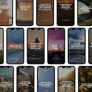 Puede incluir: Una colecci&oacute;n de pantallas de tel&eacute;fonos inteligentes que muestran citas inspiradoras de la Biblia. Cada pantalla presenta una imagen de fondo diferente, incluyendo paisajes y puestas de sol, con texto blanco superpuesto. Las citas son de varios libros de la Biblia.