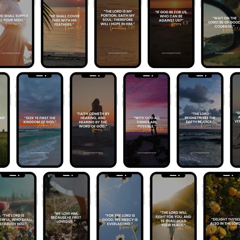 Puede incluir: Una colecci&oacute;n de pantallas de tel&eacute;fonos inteligentes que muestran citas inspiradoras de la Biblia. Cada pantalla presenta una imagen de fondo diferente, incluyendo paisajes y puestas de sol, con texto blanco superpuesto. Las citas son de varios libros de la Biblia.