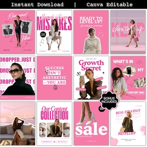 May include: A set of pink and white Canva editable templates with text overlays. The templates feature images of women, with phrases such as "Mistakes", "Growth Secret", and "Sale". The words "Instant Download" and "Canva Editable" are at the top of the templates.