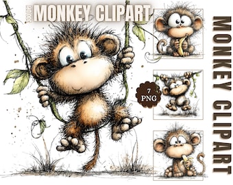 Pacote de Clipart de Macacos Fofos, Clipart de Macacos em PNG, Clipart de Animais da Selva, Arte para Quarto Infantil com Tema de Selva, Arte Divertida com Macacos, Artesanato em Papel, Diários de Arte