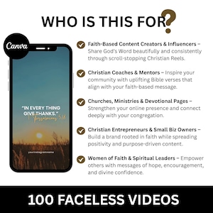 Puede incluir: Un smartphone muestra un paisaje sereno con el texto "IN EVERY THING GIVE THANKS." y "Thessalonians 5:18." La imagen promociona 100 videos sin rostro para creadores de contenido basados en la fe, coaches cristianos, iglesias y emprendedores.