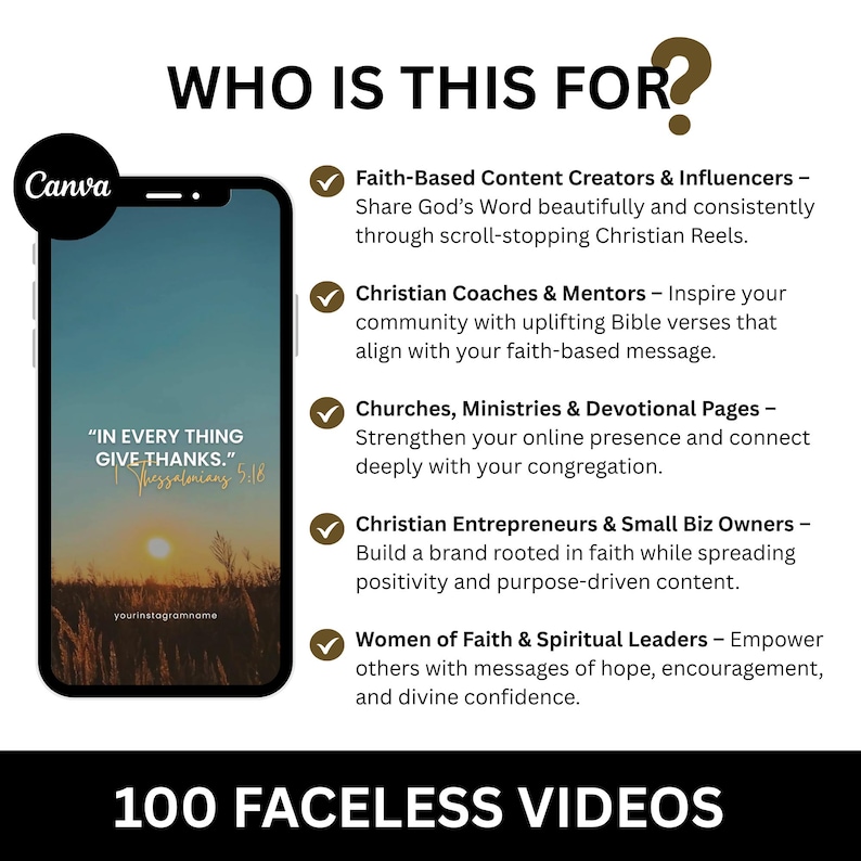 Puede incluir: Un smartphone muestra un paisaje sereno con el texto "IN EVERY THING GIVE THANKS." y "Thessalonians 5:18." La imagen promociona 100 videos sin rostro para creadores de contenido basados en la fe, coaches cristianos, iglesias y emprendedores.