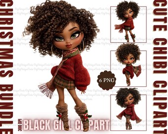 Black Girl Christmas Clipart Bundle Cute Chibi Girl Png African American Png Black Woman Christmas Png Junk Journaling Clipart Downloadable