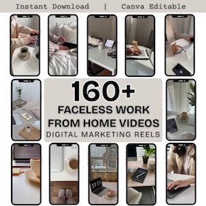 May include: A collage of 10 images showing different scenes of people working from home. The images show people using laptops, phones, and other devices. The text "160+ Faceless Work From Home Videos Digital Marketing Reels" is displayed in the center of the collage.