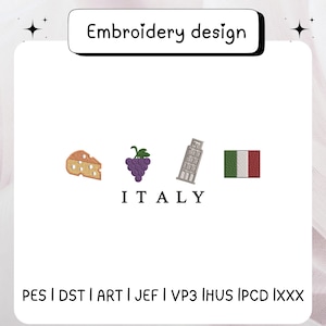 Può includere: Design per ricamo con simboli italiani: una fetta di formaggio, uva, la Torre di Pisa e la bandiera italiana. La parola "ITALY" è sotto le immagini. Il design è su sfondo bianco.