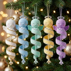 May include: Five crocheted angel ornaments in white, blue, mint green, yellow, and purple. Each angel features a round head with a silver halo, small wings, and a long, spiralling body wrapped in a metallic-edged ribbon, ending with a small bell.