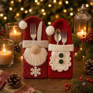 May include: Two red crochet cutlery holders shaped like Santa hats. The left holder features a white beard, a pom-pom, and a white snowflake. The right holder has a white scalloped apron with two green buttons and a pom-pom. Both hold silverware.
