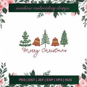 May include: A machine embroidery design featuring green Christmas trees and gold bells with red accents. The words "Merry Christmas" are written in red script. The design is framed by floral elements and the text "machine embroidery design".