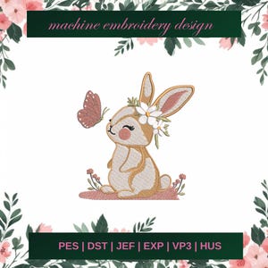 cute bunny embroidery designs, bunny machine embroidery designs, happy bunny embroidery design, floral bunny embroidery pattern, 3 SIZE file