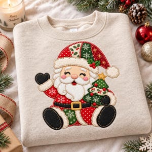 May include: A beige crewneck sweatshirt featuring a large, colourful embroidered applique of Santa Claus. Santa wears a red and green patterned hat, a red coat with white snowflake details, and holds a small green Christmas tree.