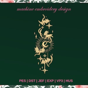 May include: Machine embroidery design featuring a crescent moon with stars and stylized dragons in gold on a dark green background. The design is available in PES, DST, JEF, EXP, VP3, and HUS formats.