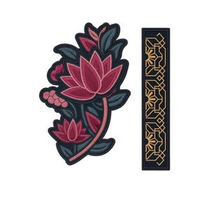 May include: Two embroidered patches. One features a burgundy lotus flower with green leaves and a dark blue border. The other is a rectangular patch with a gold geometric design on a dark blue background.