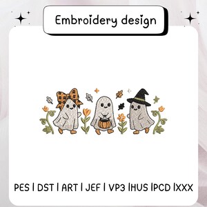 Three Cute Ghosts Embroidery Design, Cream Orange Fall Floral Machine Embroidery Files, Cute Witch Hat Pumpkin Pattern, Instant Download